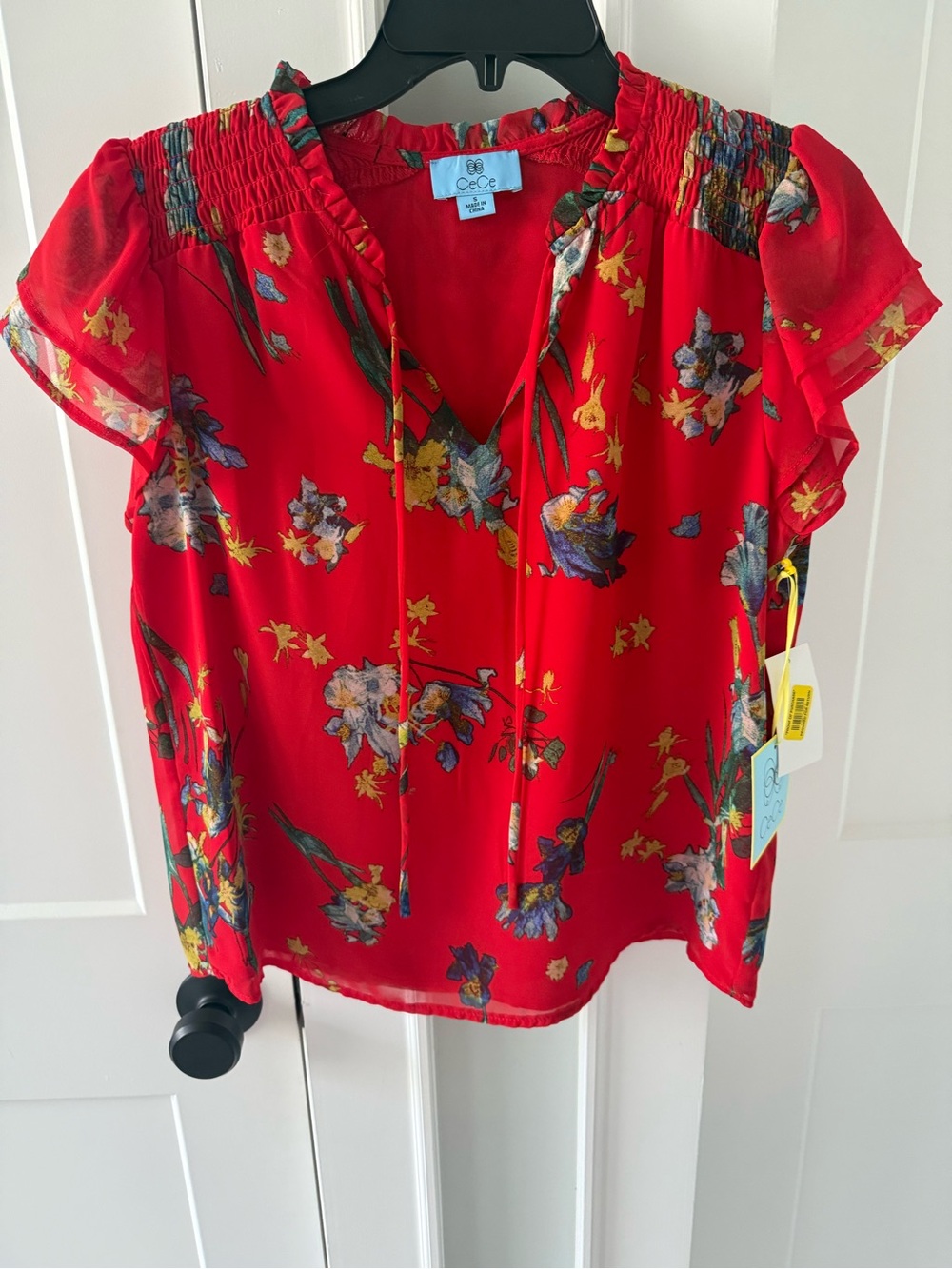 CeCe Red Floral V-Neck Tie Front Blouse